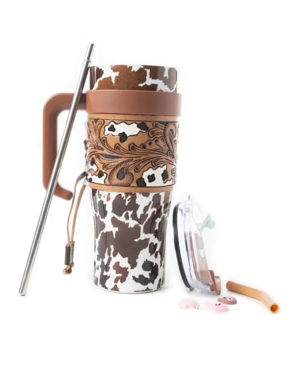 Brown Cowhide Pattern Insulated Travel Mug with Leather Wrap